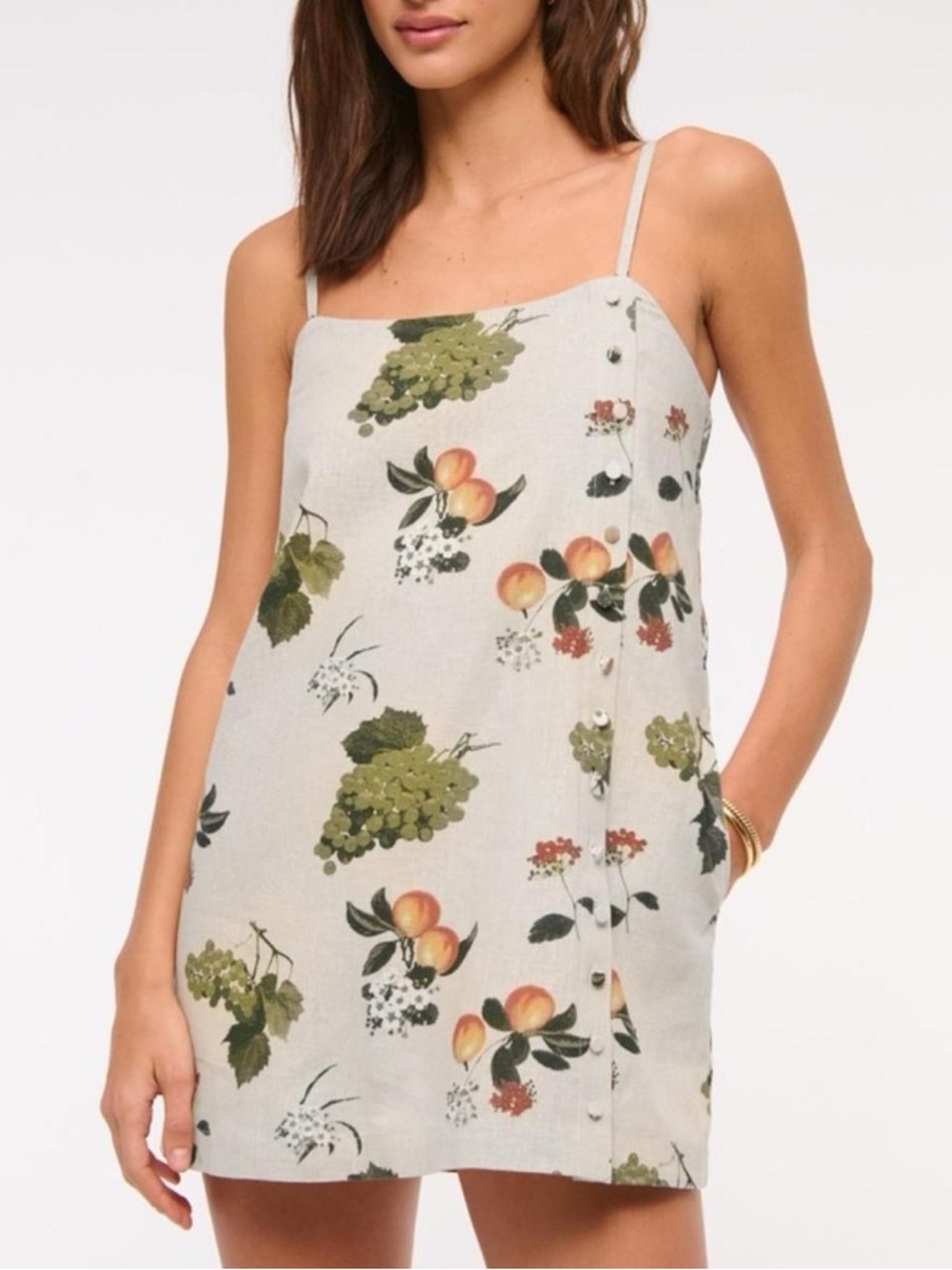 NWT Abercrombie & Fitch Linen Button Skort Mini Dress in Tan Fruit Pattern - L - Picture 3 of 8